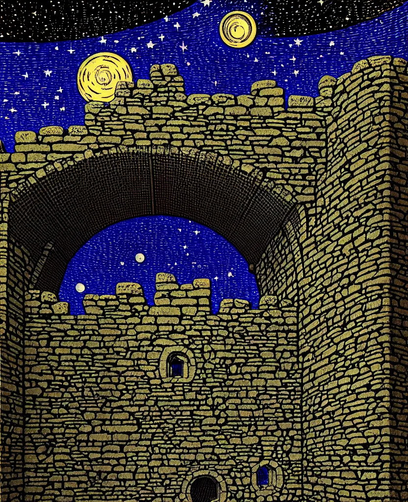 Image similar to stone wall inside of a ancient castle, round window looking out to the starry night sky, high details, intricately detailed, by vincent di fate, inking, 3 color screen print, masterpiece, trending on artstation,, sharp, details, hyper - detailed, hd, 4 k, 8 k