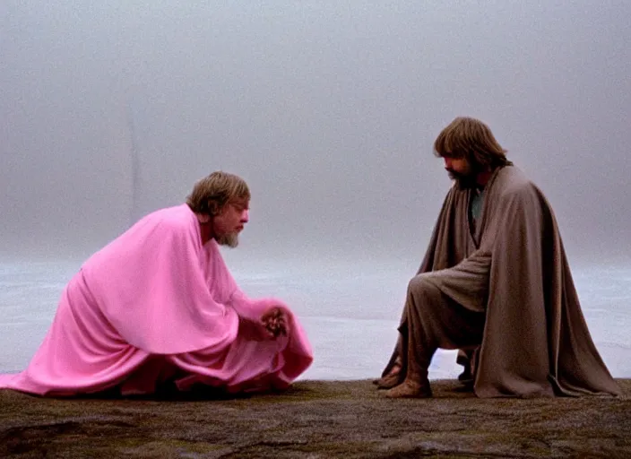 Image similar to Luke skywalker kneels before a strange jedi oracle, a mystic with infinite knowledge of time. in a foggy pink land. still from the 1983 film directed byalejandro jodorowsky. holy mountain, Photographed with Leica Summilux-M 24 mm lens, ISO 100, f/8, Portra 400