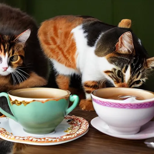 Prompt: two calico cats and a tabby cat enjoy cups of tea together at an upscale party, award winning photo