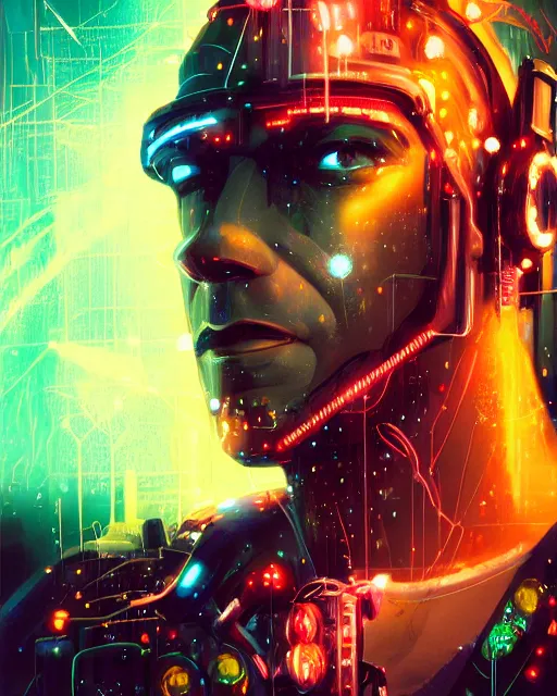 Prompt: a cyberpunk close up portrait of cyborg zeus, electricity, sparks, bokeh, soft focus, sparkling, glisten, water drops, cold, dark, geometric, temples behind, by paul lehr, jesper ejsing