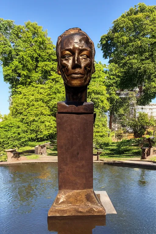 Image similar to bronze statue on pedestal in park of a man's mummified head resembling a death mask, open cranium, hollow, broken, water pouring from back into stream below, 4 k image, golden hour, sigma lens