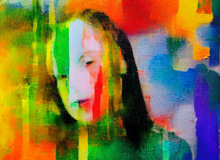 Image similar to portrait in the style of Gerhard Richter, palette knife, paint, blurred, chromatic dispersion