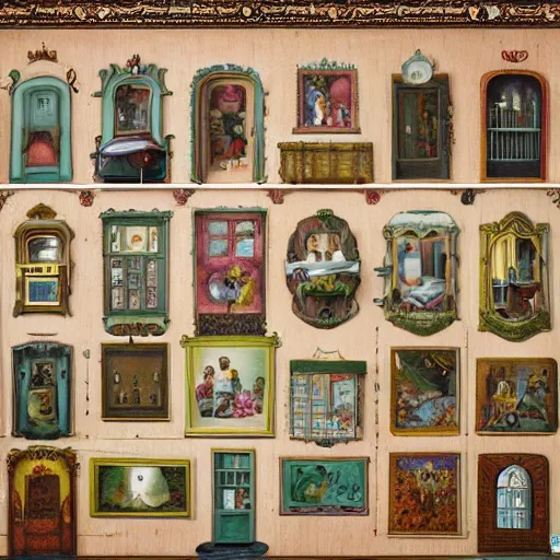 Image similar to a house with many rooms , lowbrow surrealistic, in the style of Mark Ryden,