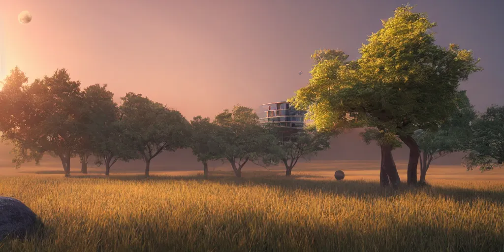 Image similar to a serene landscape with a singular building at sunrise with a big jupiter appearing in the sky, digital art, concept art, octane render, unreal engine 5, hyperrealistic, highly detailed, high quality, 4K, low contrast, soft lighting, path tracing, complementary colors, natural lighting, geometric
