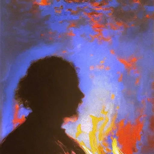 Prompt: high quality high detail painting by ilya repin, silhouette man standing in front of huge blue flames, hd