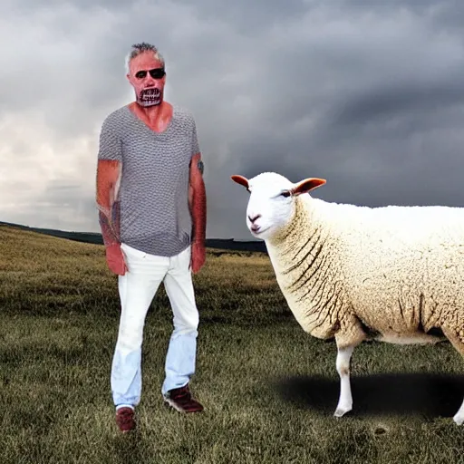 Prompt: photo hybrid of between an american man and a sheep.