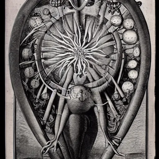 Image similar to whimsical freaky creature sings a unique canto about \'as above so below\' being ignited by the spirit of Haeckel and Robert Fludd, breakthrough is iminent, glory be to the magic within