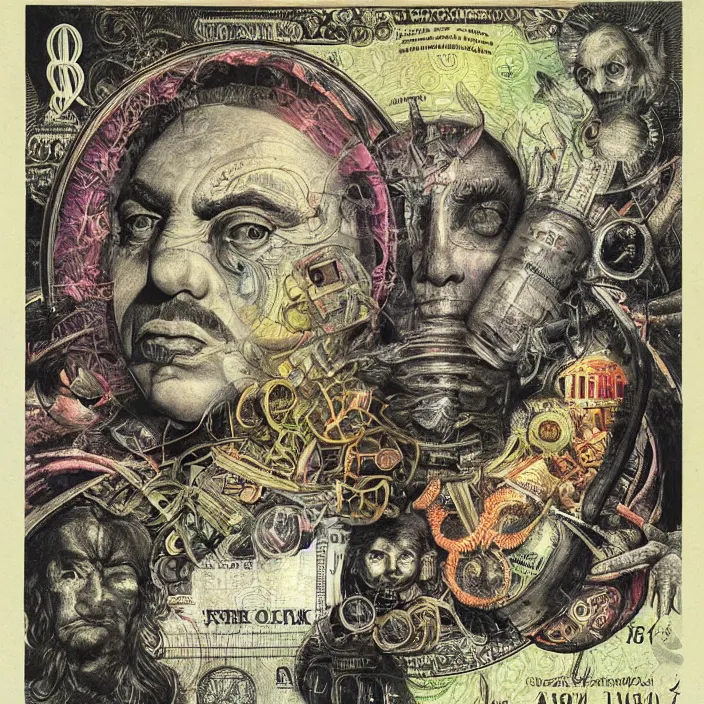 Image similar to new age album cover, asymmetrical design, viktor orban, dollar bank notes, capitalism, magic, psychedelic, black white pink, highly detailed, magic, giger h. r., giuseppe arcimboldo