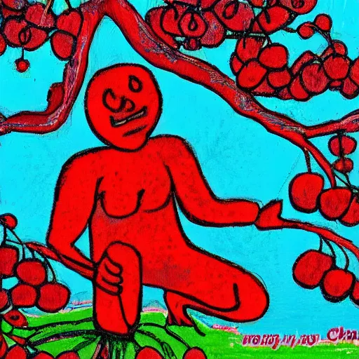 Image similar to Red man Sad, crying, cherry tree, cherries