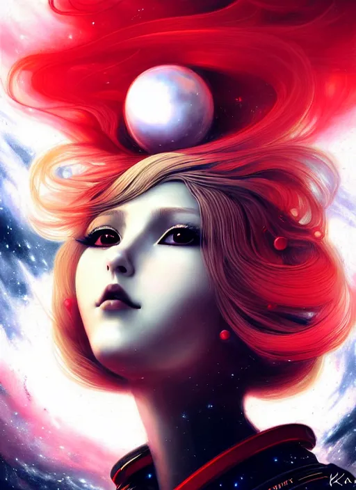 Prompt: highly detailed portrait of a hopeful pretty astronaut lady with a wavy blonde hair, by Karol Bak, 4k resolution, nier:automata inspired, bravely default inspired, vibrant but dreary but upflifting red, black and white color scheme!!! ((Space nebula background))