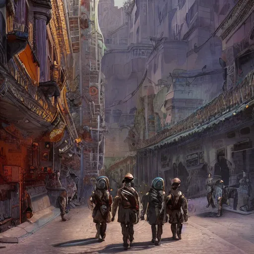 Prompt: soldiers exploring a city in the year 2 7 1 7, 1 9 2 0's sci - fi, deep aesthetic colors, 8 k, highly ornate intricate details, extreme detail,