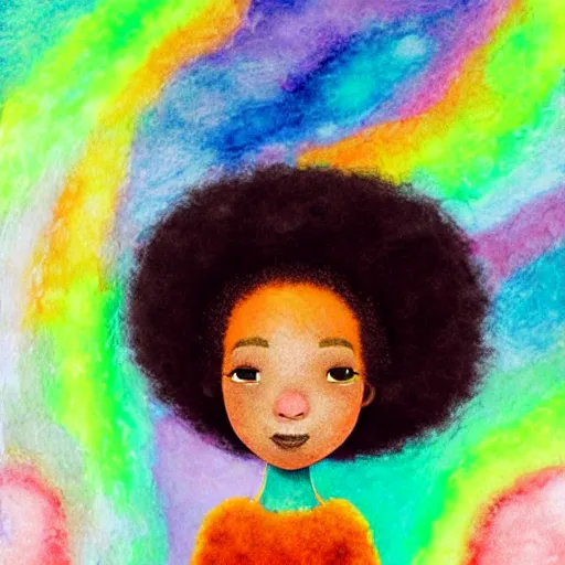 Image similar to a black girl with a colorful afro in a candy forest at night, bokeh, bright colours, watercolor, volumetric wool felting, macro photography, children illustration, by goro fujita