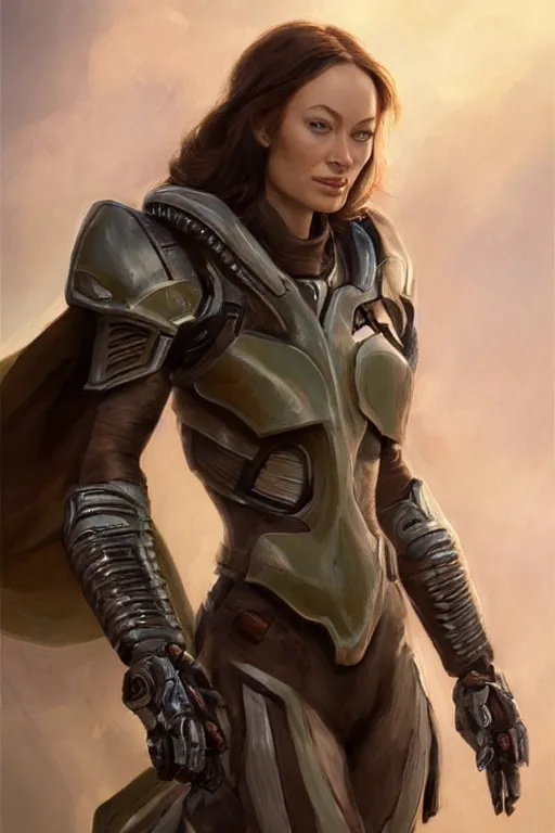 Image similar to a professional painting of a young Olivia Wilde, clothes in military armor, olive skin, long dark hair, beautiful bone structure, symmetrical facial features, intricate, elegant, digital painting, concept art, smooth, sharp focus, illustration, from StarCraft by Ruan Jia and Mandy Jurgens and Artgerm and William-Adolphe Bouguerea