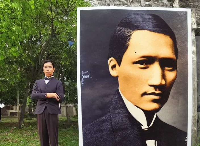 Image similar to outdoor medium portrait of jose rizal!! as a very very very very extremely handsome!!! good looking young man in 2 0 2 2 wearing stylish modern clothes, photo taken in 2 0 2 2, 3 5 mm f 1. 4 digital photo, matte colors