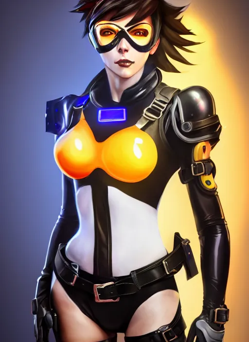 Image similar to oil painting digital artwork of tracer overwatch, confident pose, wearing black iridescent rainbow latex, 4 k, expressive happy smug expression, makeup, in style of mark arian, wearing leather collar, wearing sleek full body armor, black leather harness, expressive detailed face and eyes,