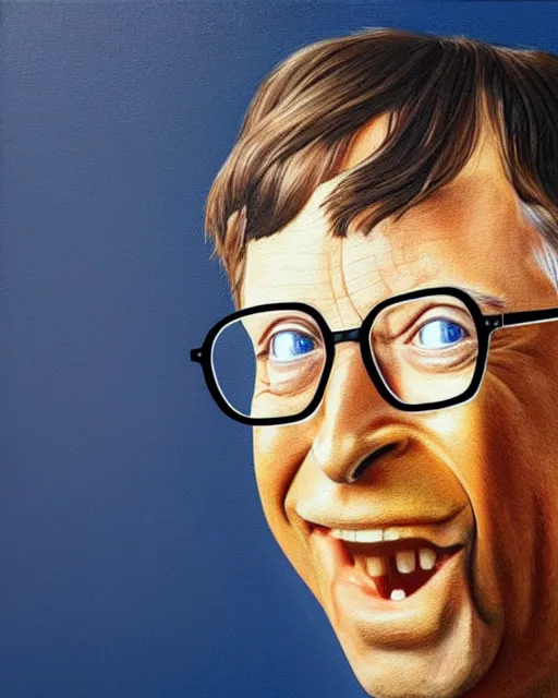 Prompt: a realistic detailed portrait of bill gates eating a microchip, painting by magritte