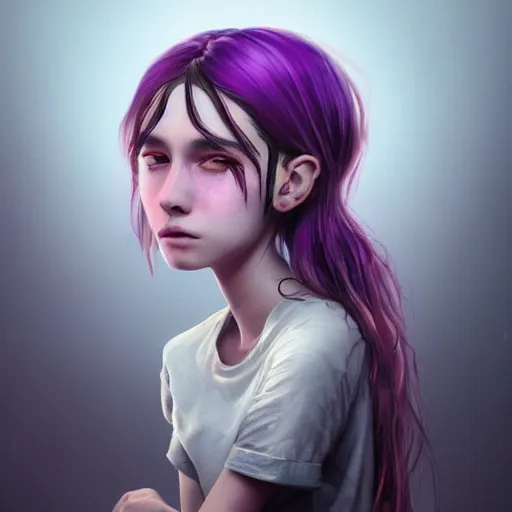 Image similar to artstation young teen with purple eyes and tiny and very thin tentacles on her head, in despair, very detailed, portrait, high contrast, unreal engine 5