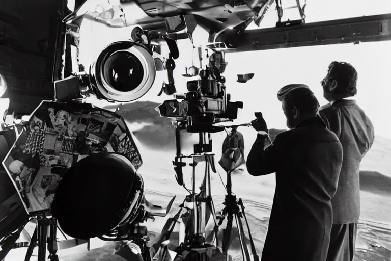 Image similar to Cinematography George Melies directing a shot from the trip to the moon movie. Cinema Camera, camera crew, movie set. Melies. Pathe. by Emmanuel Lubezky