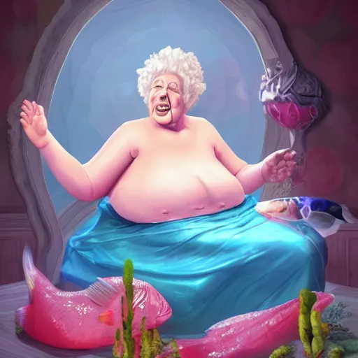 Image similar to of a very beautiful scene. ambient occlusion render. a sweet fat old woman is giving a birth to a huge colorful fish. flowery dress. mirror. symmetrical face, red mouth, blue eyes. deep focus, lovely scene. ambient occlusion render. concept art. unreal engine.