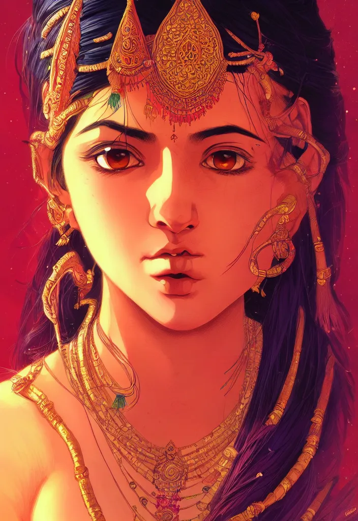 Prompt: a comic portrait of an indian goddess, realistic shaded perfect face, fine details. cosmic setting. anime style. realistic shaded lighting poster by ilya kuvshinov katsuhiro, magali villeneuve, artgerm, jeremy lipkin and michael garmash, rob rey and kentaro miura style, trending on art station