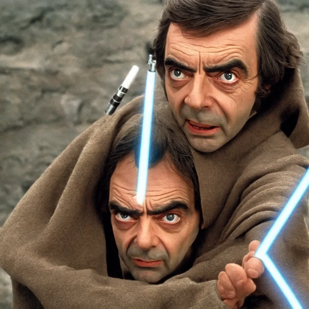 Image similar to Still of Mr. Bean as jedi master Obiwan kenobi!!!!. in Star Wars (1977). detailed eyes. medium shot, technicolor. light saber