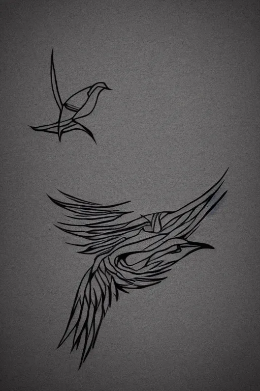 Image similar to a simple tattoo design of minimalist flying birds, black ink, abstract logo, line art
