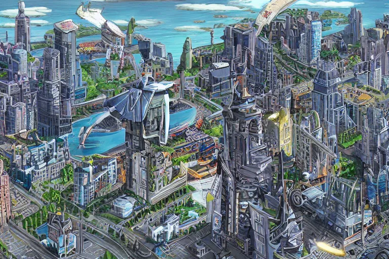 Prompt: city utopia with a river and spaceship.