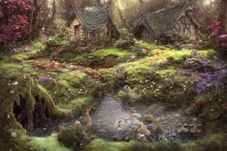 Image similar to wide angle view, a beautiful digital painting of a fairy house by a stream made of rocks and mushrooms, flowers, beautiful tranquil day, by greg rutkowski, brian froud, marc simonetti, jean - baptiste monge, and alphonse mucha, symmetry, complementary colors, ink illustration, trending on artstation