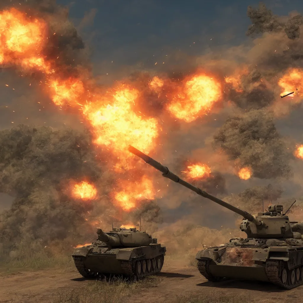 Image similar to tank on the battlefield, highly realistic, high detail, fiery explosion, wispy smoke, wide shot, unreal engine