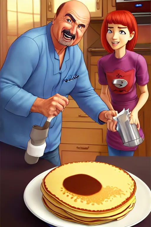 Prompt: dr phil making pancakes, animation pixar style, by pendleton ward, magali villeneuve, artgerm, rob rey and kentaro miura style, golden ratio, trending on art station