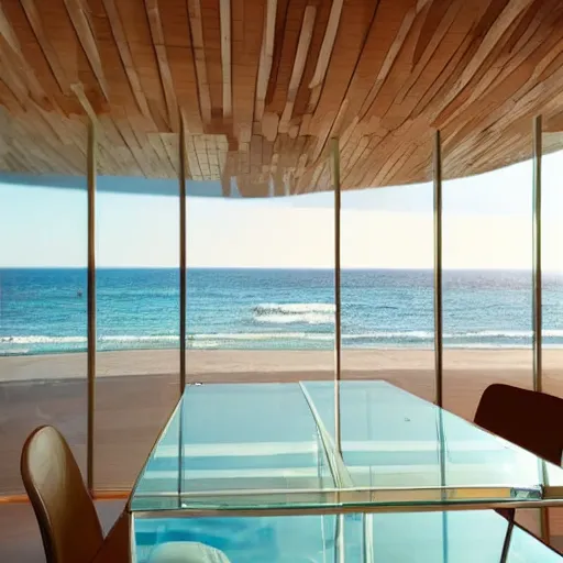 Prompt: beautiful modern glass table with a blurred beautiful sunny beach view in the background