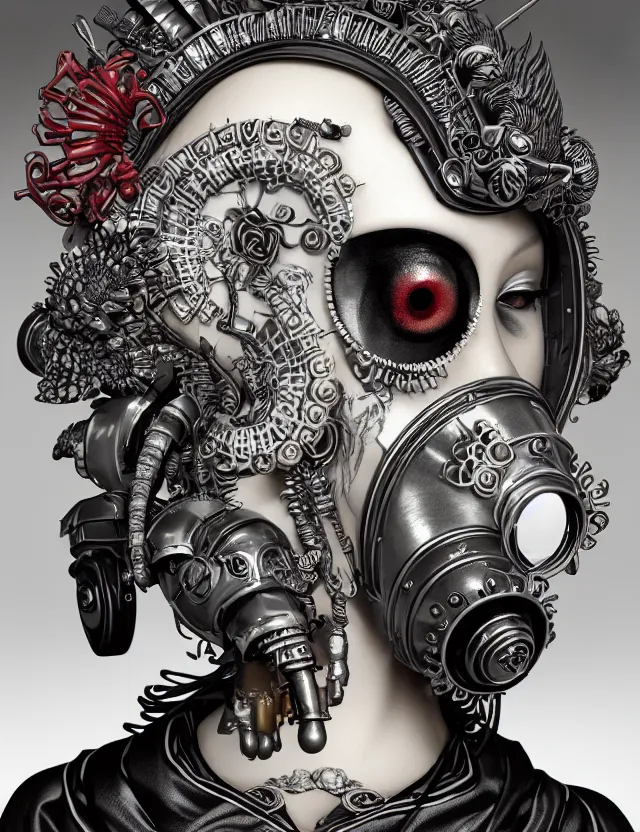 Image similar to 3 d goddess close - up profile punk portrait with vintage gas mask ram skull. beautiful intricately detailed japanese crow kitsune mask and clasical japanese kimono. betta fish, jellyfish phoenix, bio luminescent, plasma, ice, water, wind, creature, artwork by tooth wu and wlop and beeple and greg rutkowski