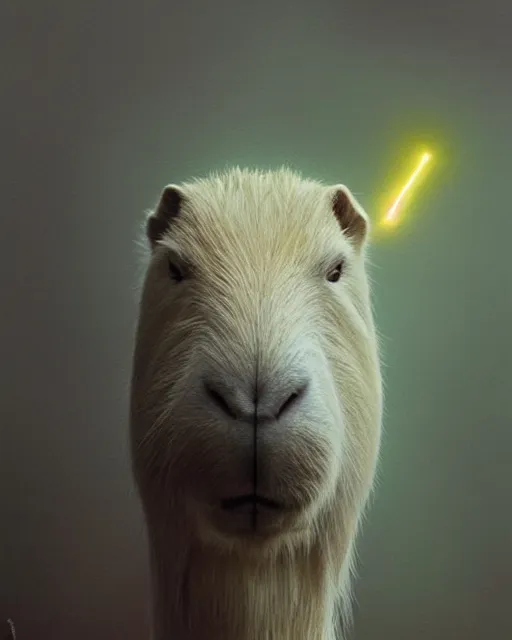 Image similar to complete and delicate portrait of a white capybara, beautiful, agile, fairy, myth, legend, detailed, trending on artstatioin, light effects, kilian eng, john harris, bastien lecouffe - deharme