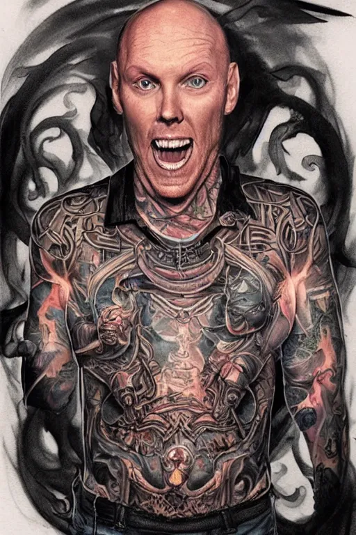 Image similar to Portrait of Bill Burr frontal standing pose torso as a very attractive man heavily Tattoed, all his skin is covered by BIKER tattoos, surrounded by magic lightings overlays, Intricate, concept art, magic lighting overlays, magical portal opened, D&D!, fantasy style, sharp focus!, ultra detailed, art by Artgerm and Peter Andrew Jones, WLUP, Magali Villeneuve