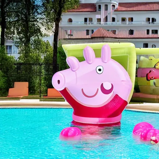 Image similar to a large inflatable float of Peppa Pig in a luxury hotel swimming pool