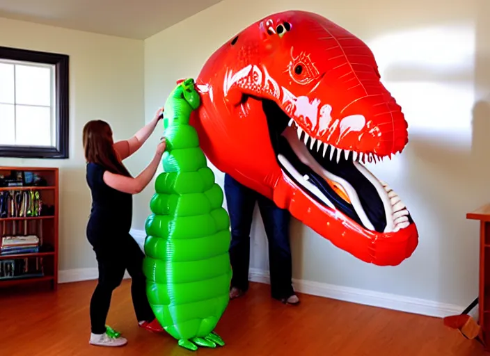 Image similar to Tyrannosaurus Rex doll being inflated to fill the living room. T-rex balloon growing to life size. Air pump, air hose, air nozzle, air tank.