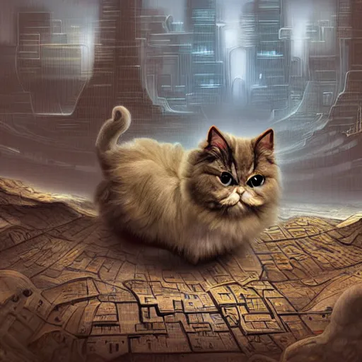 Image similar to a persian cat in a robot city, highly detailed, digital painting, sharp focus, fantasy art