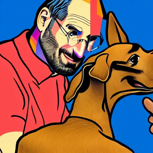 Image similar to Steve Jobs playing with a light brown puppy, pop art, highly detailed