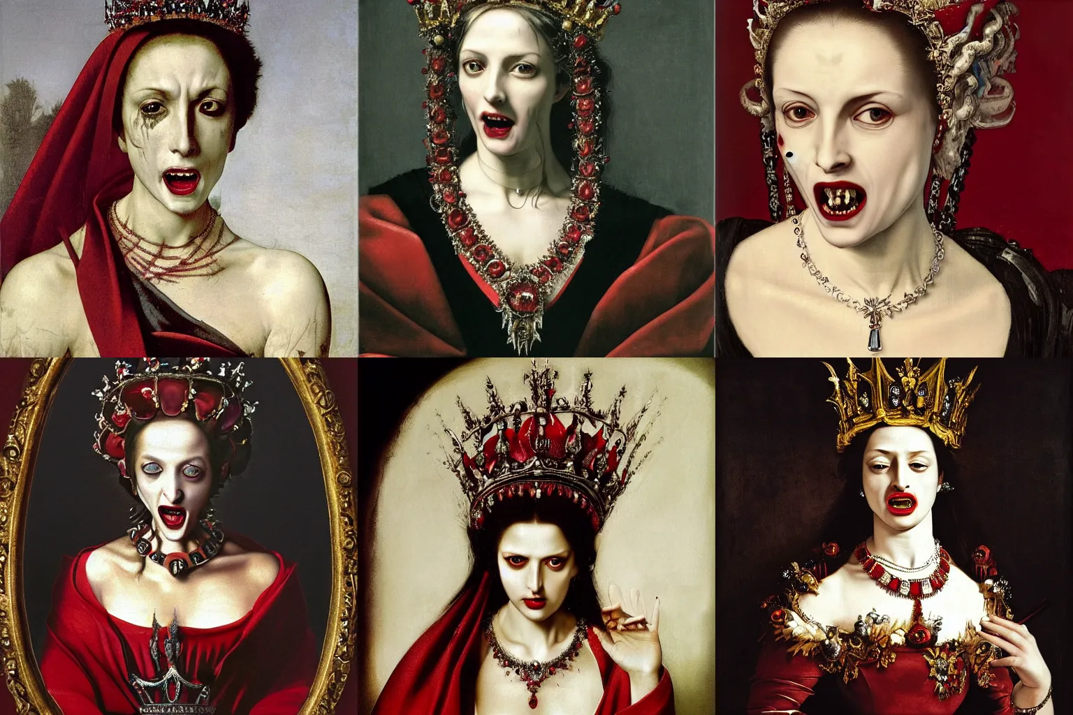 Image similar to A extremely highly detailed majestic hi-res beautiful immaculate head and shoulders painting of a angry, bloody vampire woman with fangs, filled with hatred and rage, crying tears of red blood wearing a long royal red silk dress, the crown jewels is on her head and around her neck is a ornate golden necklace decorated with diamonds and rupees smiling by Michelangelo Merisi da Caravaggio, high detail, hyperrealistic, photorealistic, octante render, cinematic, high textures, royaltly, royal, hyper sharp, 4k insanely detailed and intricate, hypermaximalist, 8k, hyper realistic, super detailed, 4k HDR hyper realistic high,