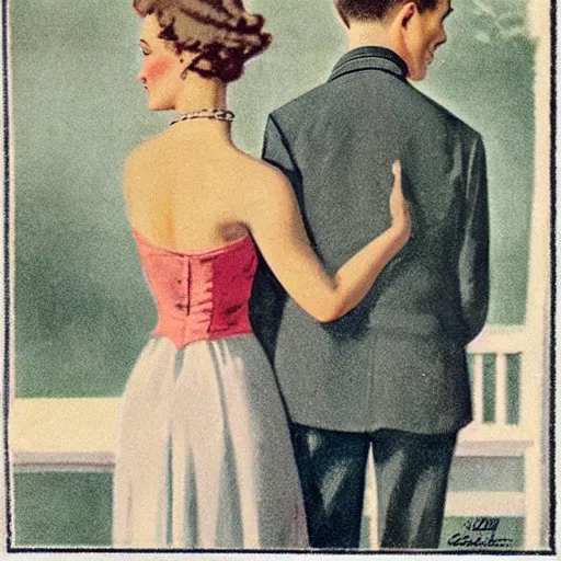 Image similar to “stunning, highly detailed portrait, very detailed, couple, from behind, from side, holding tin can, color vintage magazine illustration 1950”