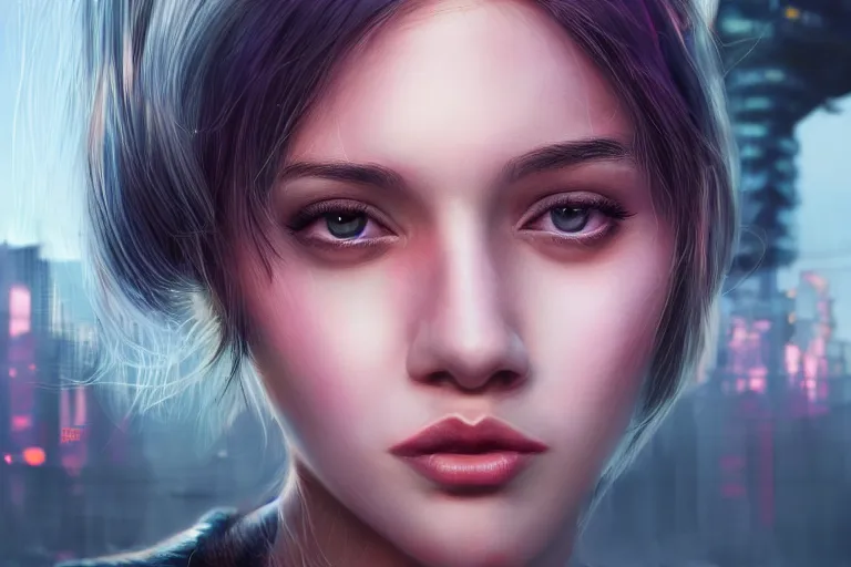 Image similar to hyperrealistic close up portrait of stunningly beautiful 20 year old female, proportionate face, lit by dawn light, cyberpunk city on background, trending on artstation