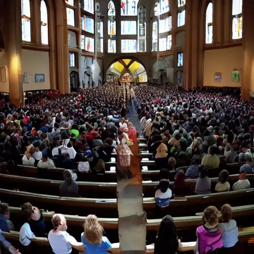 Prompt: robot preacher in big church service large congregation