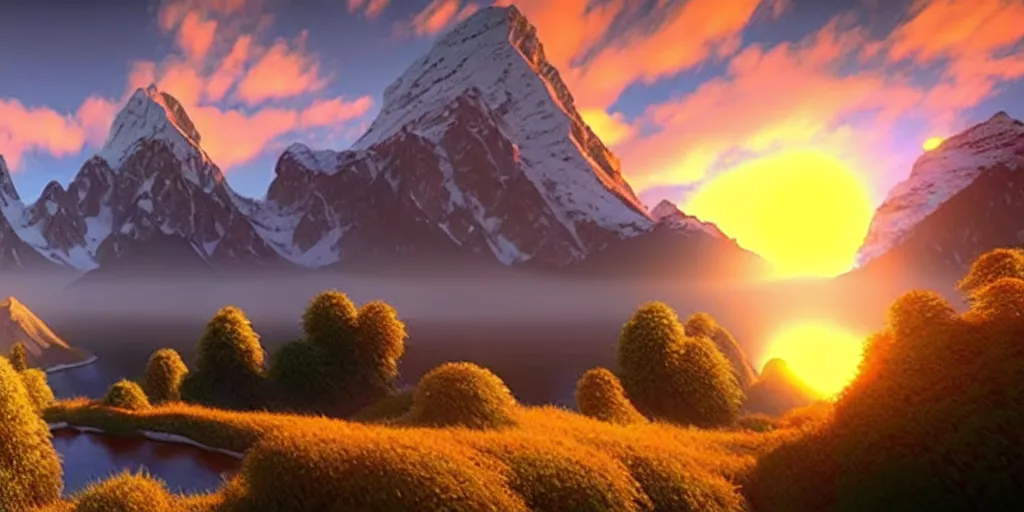 Image similar to a beautiful landscape, sun rises between two mountains, 3 d artwork by bob ross, unreal engine 5, extremely detailed, hyper realism