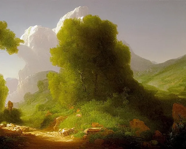 Prompt: a painting of a covered wagon traveling down a road by a mountain, lush countryside, early morning, thomas cole