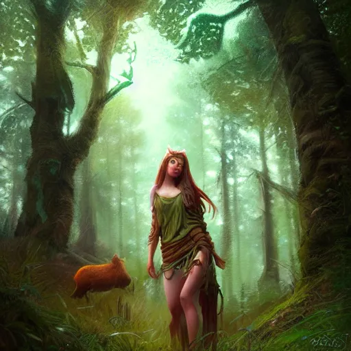 Image similar to a pretty female druid surrounded by forest animals, in the woods, hyper realistic, digital painting, photorealistic, in the style of greg rutkowski, highly detailed