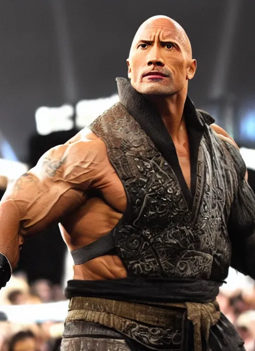 Prompt: dwayne johnson entering entrances ramp of smackdown as samurai!