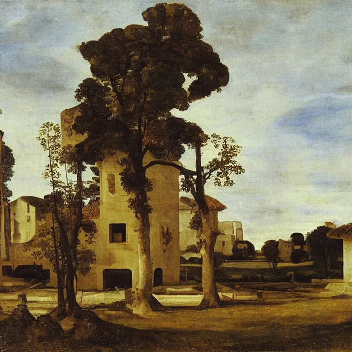 Image similar to a building in a serene landscape, by diego velazquez