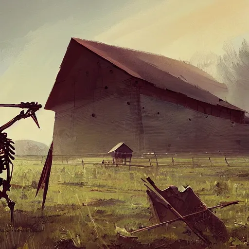 Image similar to a painting of a giant skeleton on a farm laying against a barn with a spear through its rib cage, concept art by ismail inceoglu, trending on artstation, environmental art, apocalypse art, 2 d game art, concept art