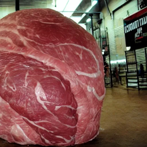 Image similar to a huge imposing ball of meat with a tail sticking out, cronenberg style