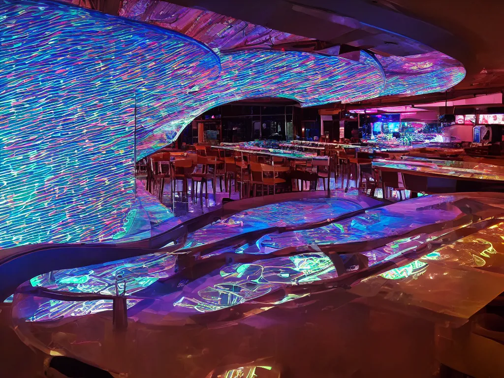 Prompt: visor with curved translucent screens projecting detailed sci - fi art, pixel perfect photograph, high contrast, volumetric lighting, thin glowing lights, restaurant, chairs, users, pair of keys